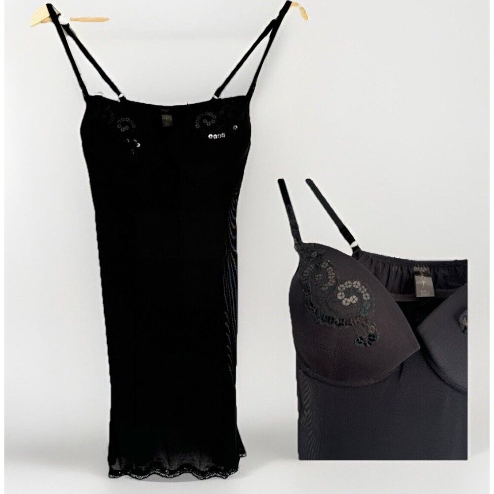 Marilyn Monroe Black Lace Slip Dress Women’s Large Sheer Mesh Sequin Trim Goth